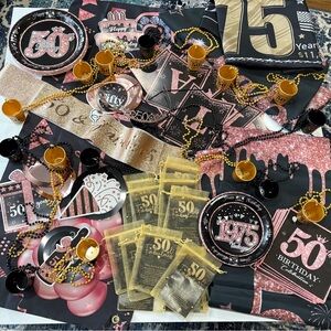 Huge 50th Birthday Party Supplies Set - Pink & Black and Gold